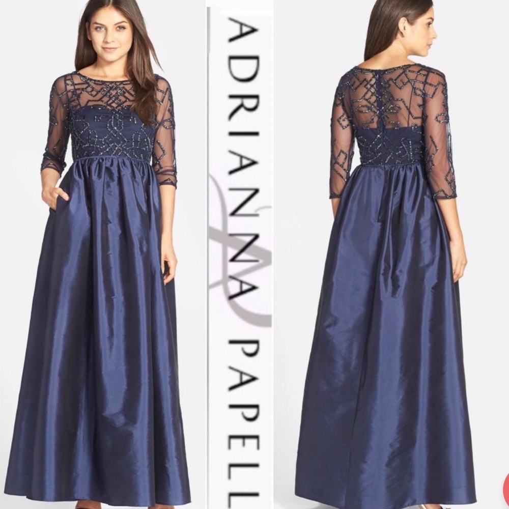 Adrianna Papell 3/4 sleeve beaded bodice illusion long dress